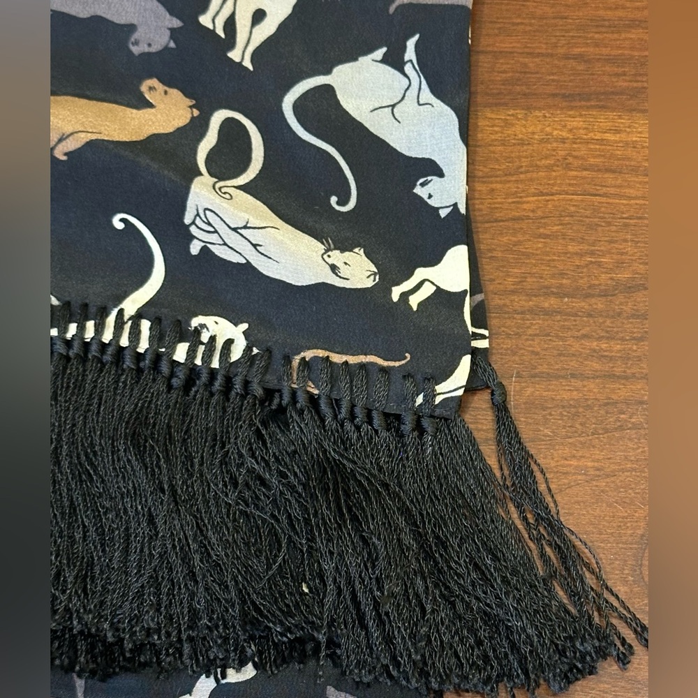 🌟HP🌟VTG 1990s Museum of Fine Arts Boston (MFA) Black 100% Silk Cat Scarf Fringe - Picture 8 of 11
